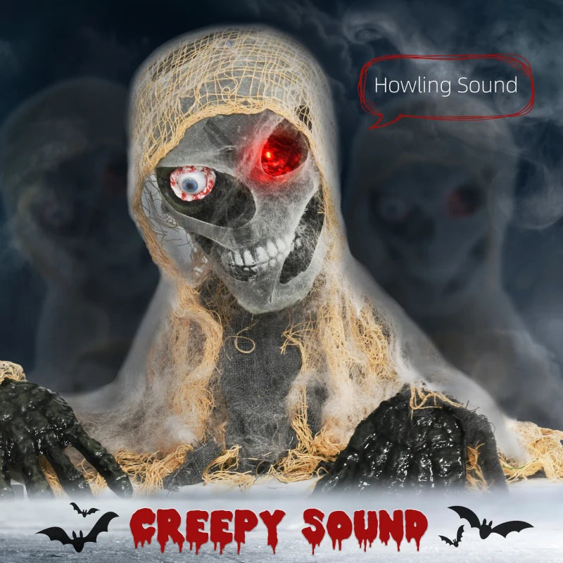 HOMCOM Life-Size Animated Mummy – Glowing LED Eyes, Battery Operated Halloween Decoration 