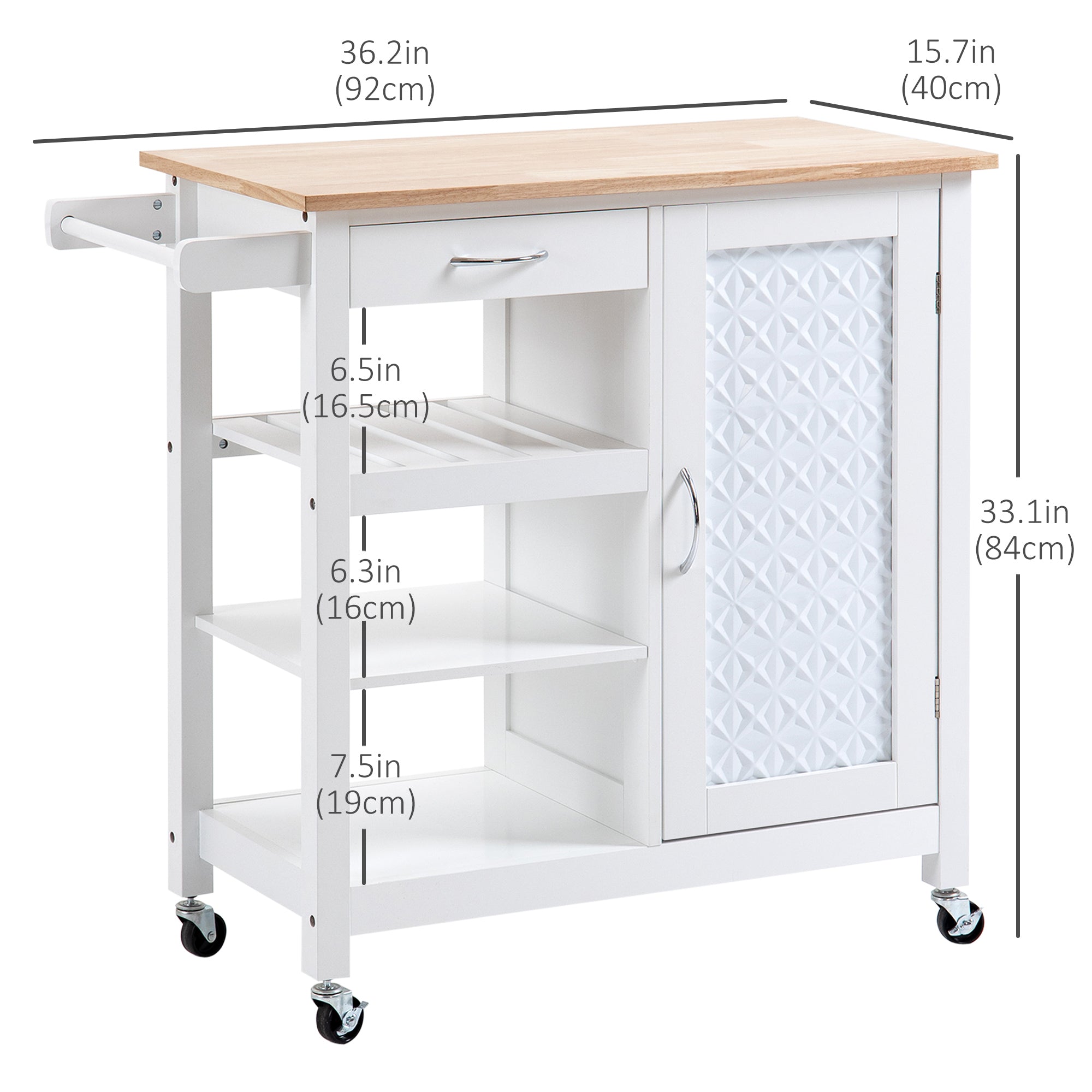 HOMCOM Kitchen Craft: Wheeled Cart with Embossed Door Panel, Storage Drawer, White Utility Island 