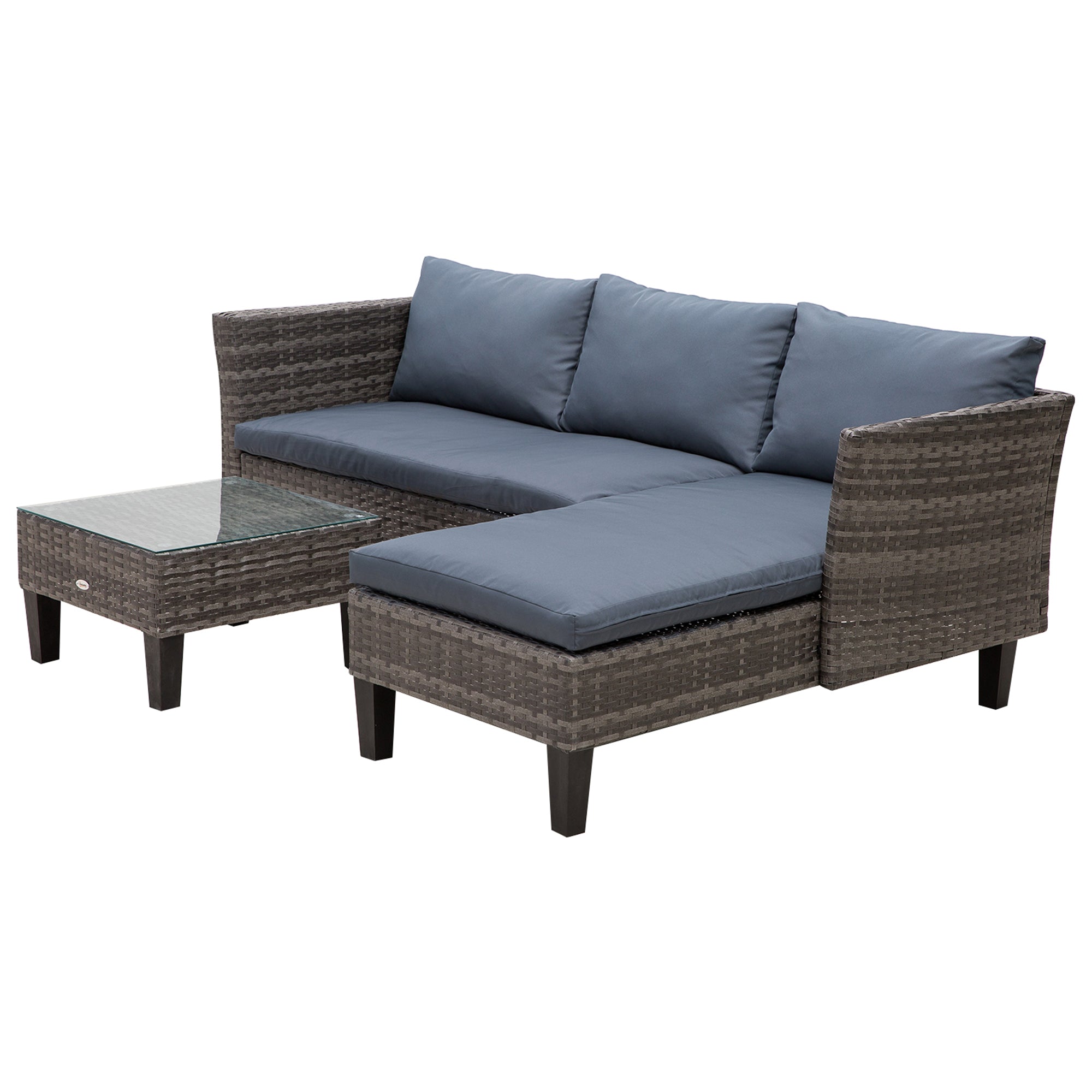 Outsunny 3 Piece Wicker Patio Set - Outdoor Sofa with Glass Tabletop, Cushions, Metal Frame in Grey for Balcony, Patio 