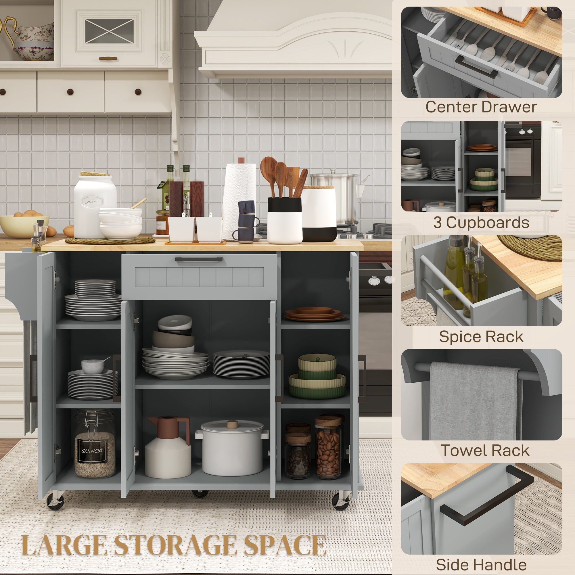 HOMCOM Modern Rolling Kitchen Island Cart with Drawers, Natural Wood Top, Towel Rack, Door Storage Cabinet, Grey 
