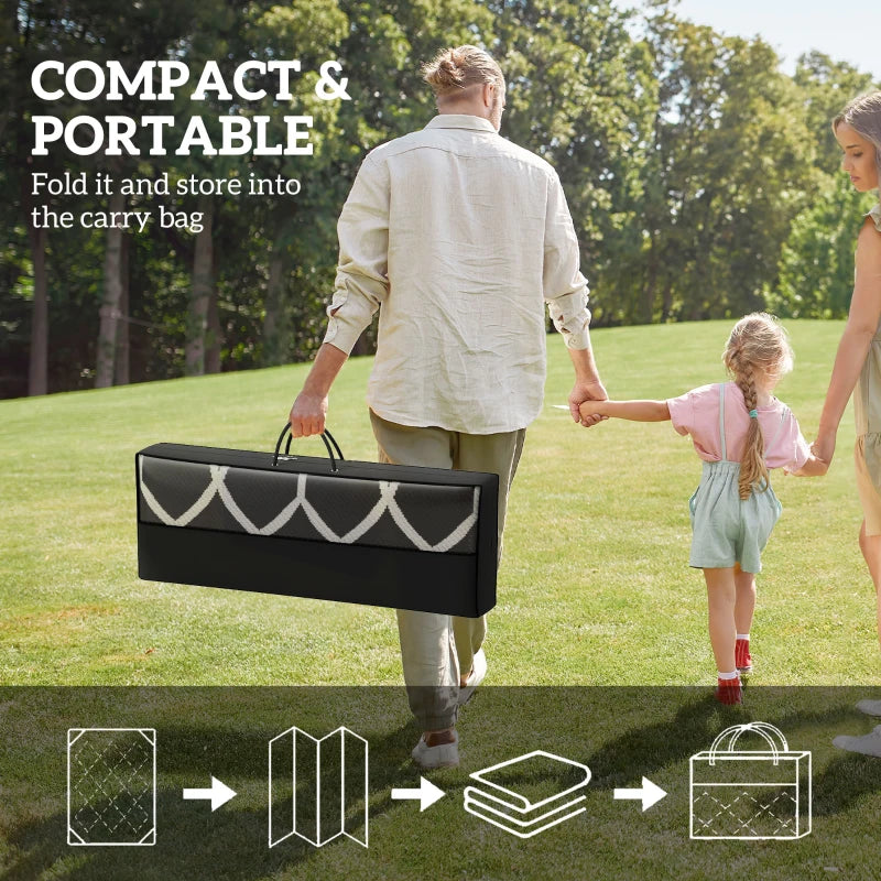 9' x 18' Outdoor RV Rug, Reversible Patio Floor Mat with Carry Bag, Lantern, Black and Grey