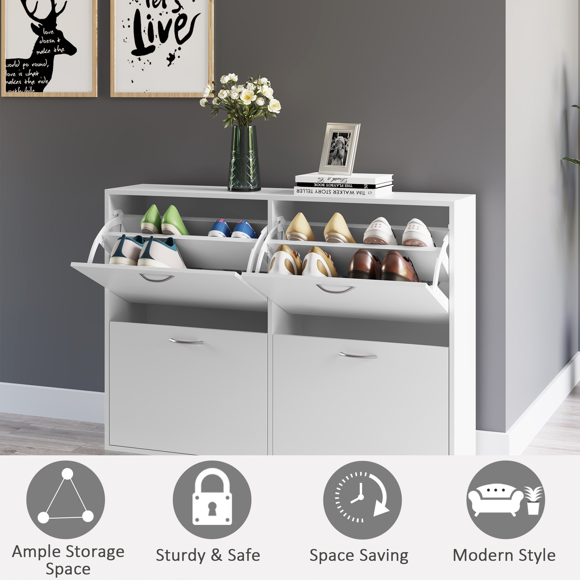 HOMCOM Entryway Shoe Organizer, Modern Wooden Shoe Rack Cabinet with 4 Flip Down Drawers, Ample Storage Space in White 