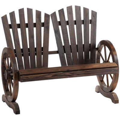 Outsunny Wooden Garden Bench 2-Seat Patio Bench with Wheel-Shaped Armrests Carbonized Color for Outdoor 