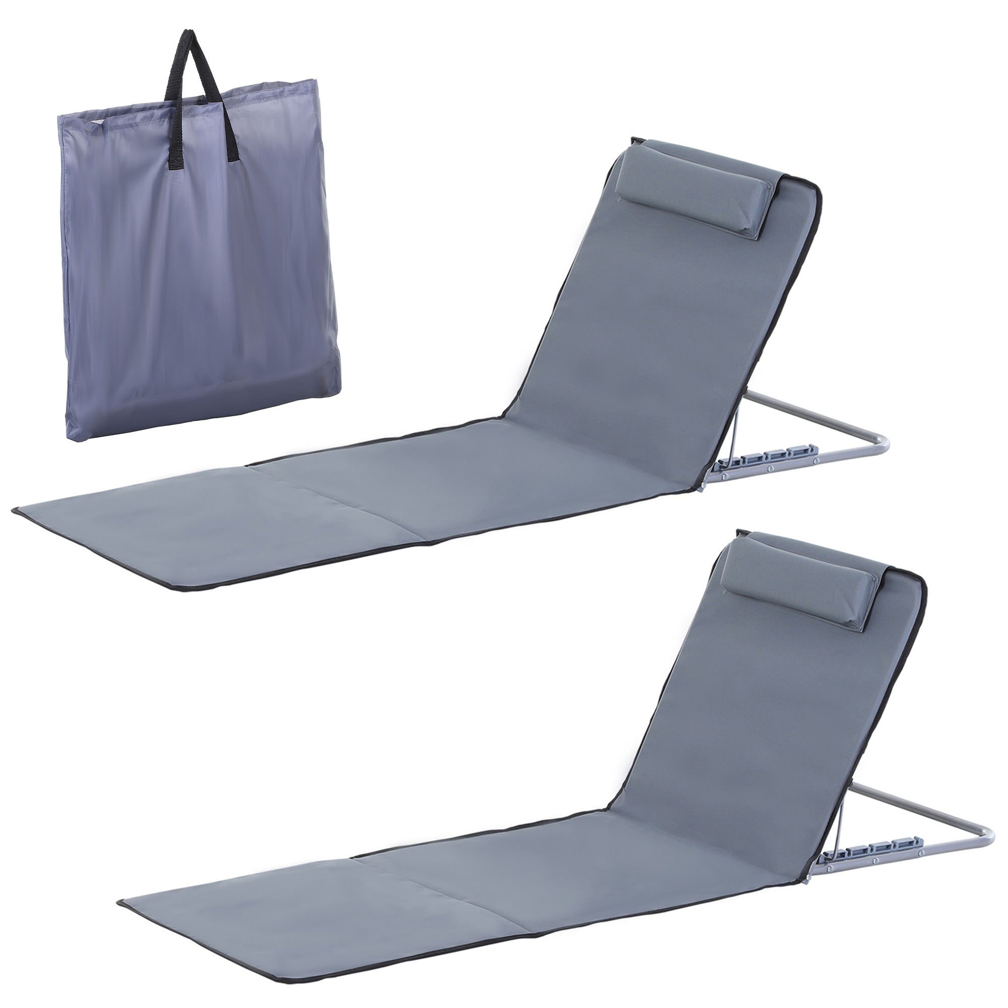 Outsunny 2 Pieces Beach Lounge Chair, Outdoor Folding Chaise Lounge Set w/ Pillow for Sunbath, Snap, Grey 