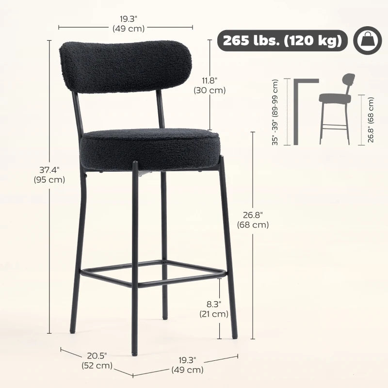 Set of 2 Barstools, Upholstered Bar Stools with Backrest, Footrest for Kitchen Island, Dining Room, Black