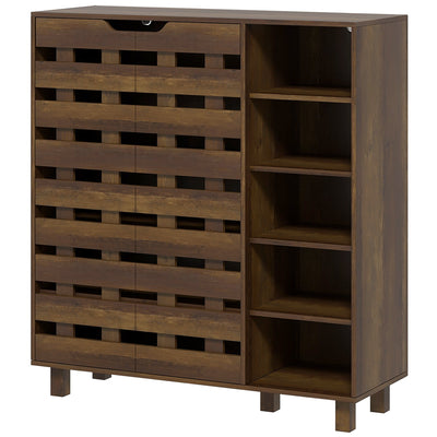 HOMCOM Shoe Cabinet, 21 Pair Shoe Storage Cabinet Organizer with 5-tier Double Door Cupboard and 5-tier Open Shelves, Brown 