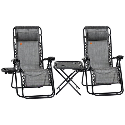 Outsunny Zero Gravity Chair Set of 2 Patio Chair with Side Table Cupholders and Pillows for Pool, Backyard, Lawn, Beach, Grey 