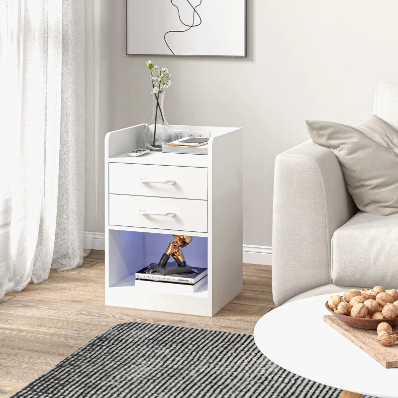 Tall Nightstand with Charging Station and LED Lights, Small Bedside Table with AC Outlets, USB Ports, 2 Drawers, Shelf