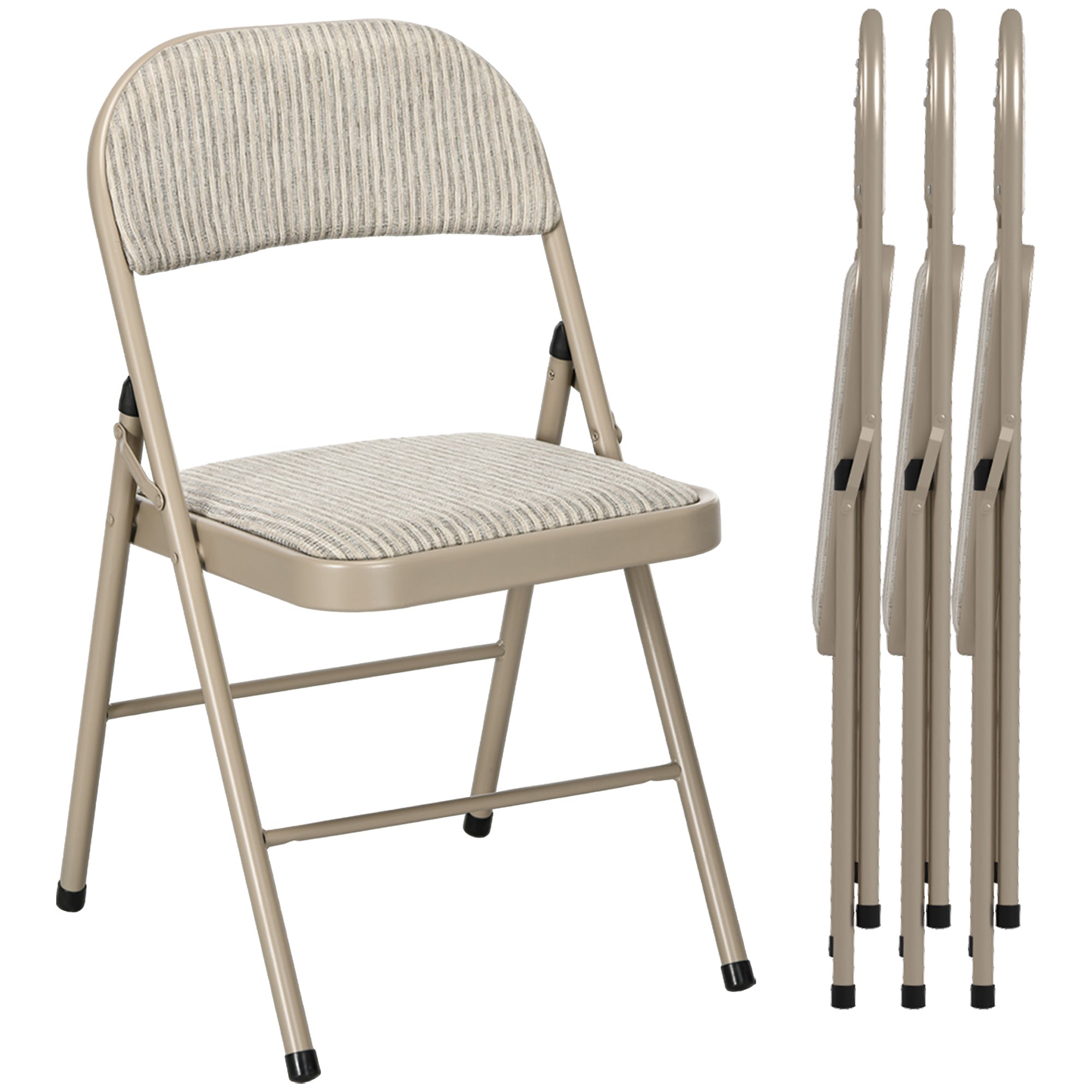 HOMCOM Set of 4 Metal Foldable Chairs, Linen Fabric Padded Folding Chairs with Cushion Seat and Open Back for Indoor, Beige 