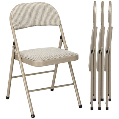 HOMCOM Set of 4 Metal Foldable Chairs, Linen Fabric Padded Folding Chairs with Cushion Seat and Open Back for Indoor, Beige 
