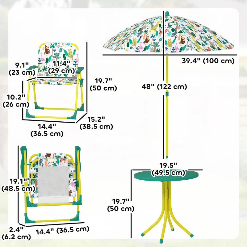 Qaba Kids Picnic Table, Kids Table and Chair Set with 2 Folding Chairs and Umbrella for Backyard, Garden, Patio, Green