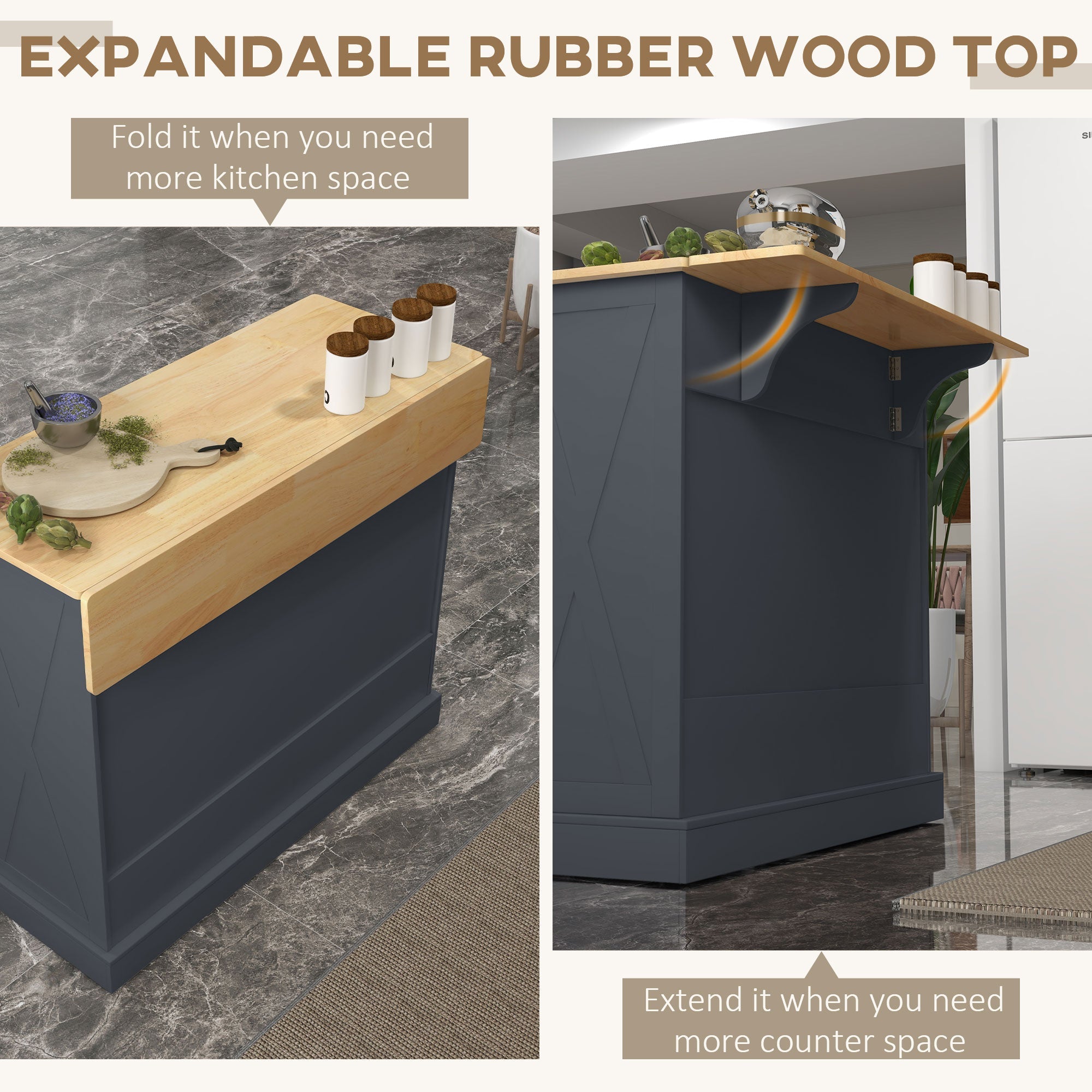 HOMCOM Slate Grey Galley Genius: Rubberwood Kitchen Island with Beadboard, Rolling Cart, 2 Drawers, Adjustable Shelves for Storage 