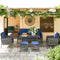 Outsunny 6 Piece Patio Furniture Set with Patio Chairs, Ottomans, Sofa, Glass Top Table and Cushions, Wicker Rattan Outdoor Furniture Set for Backyard, Porch, Navy Blue