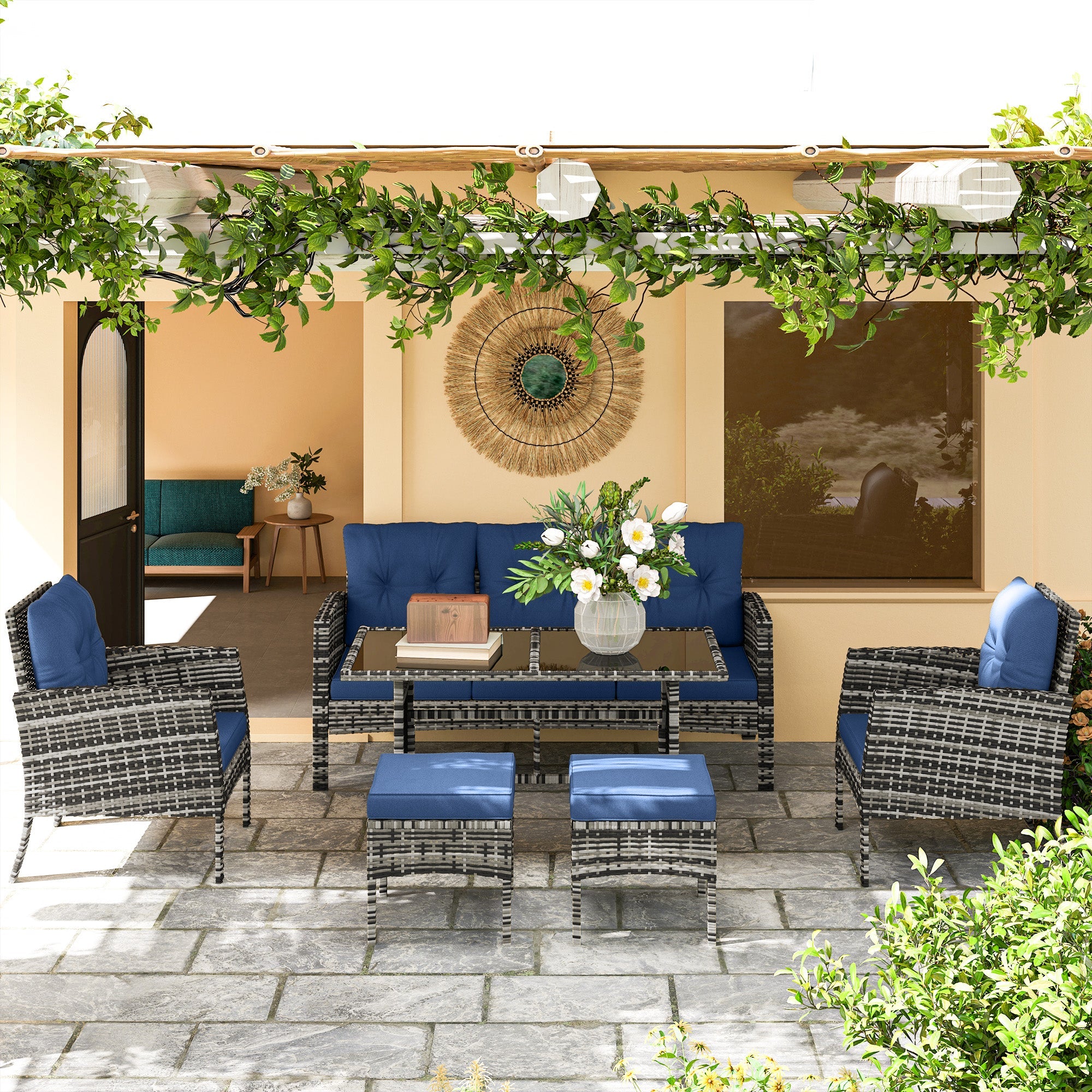 Outsunny 6 Piece Patio Furniture Set with Patio Chairs, Ottomans, Sofa, Glass Top Table and Cushions, Wicker Rattan Outdoor Furniture Set for Backyard, Porch, Navy Blue 