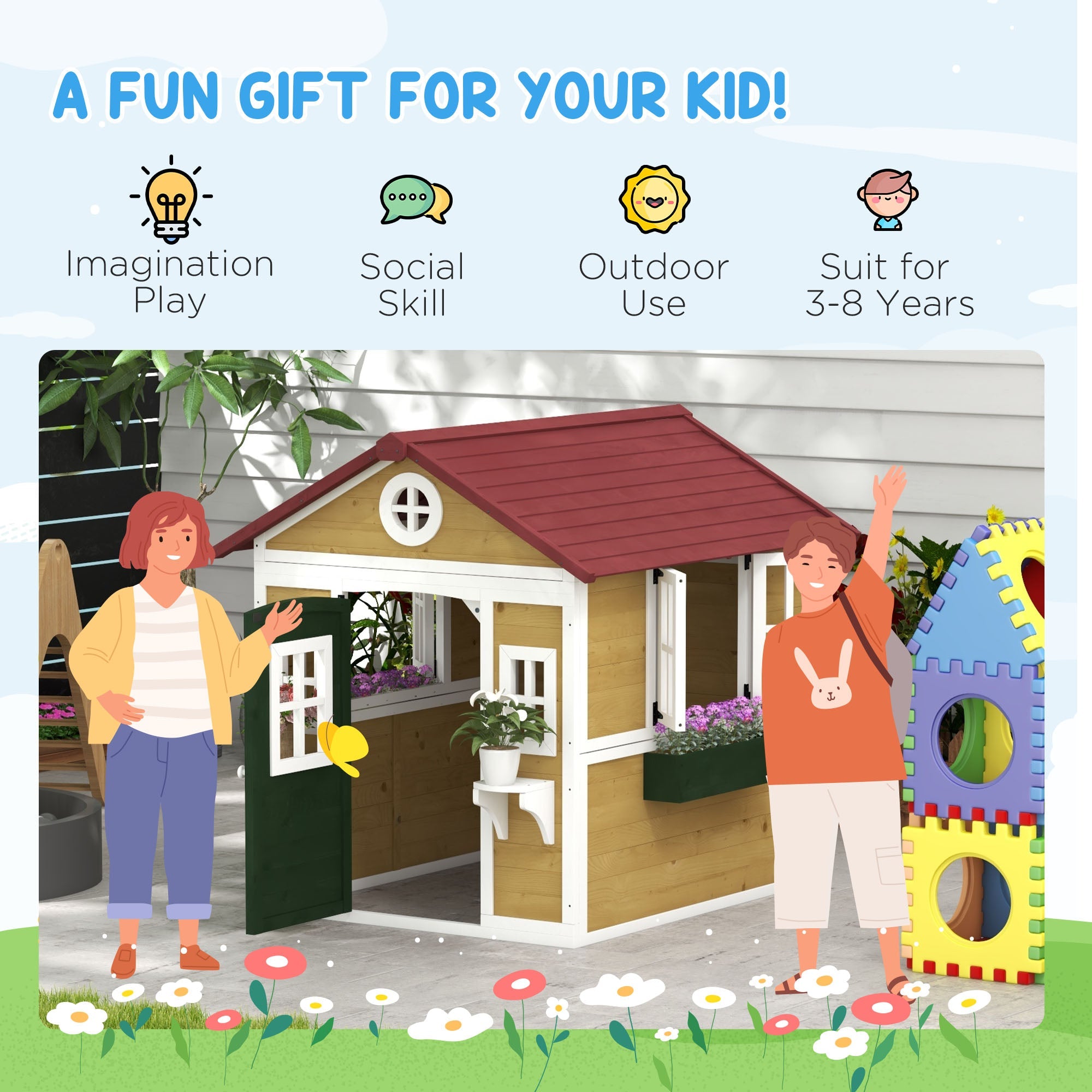 Outsunny Wooden Playhouse for Kids Outdoor with Door, Windows, Planter Pots and Boxes for Toddlers 3-8 Years, Beige 