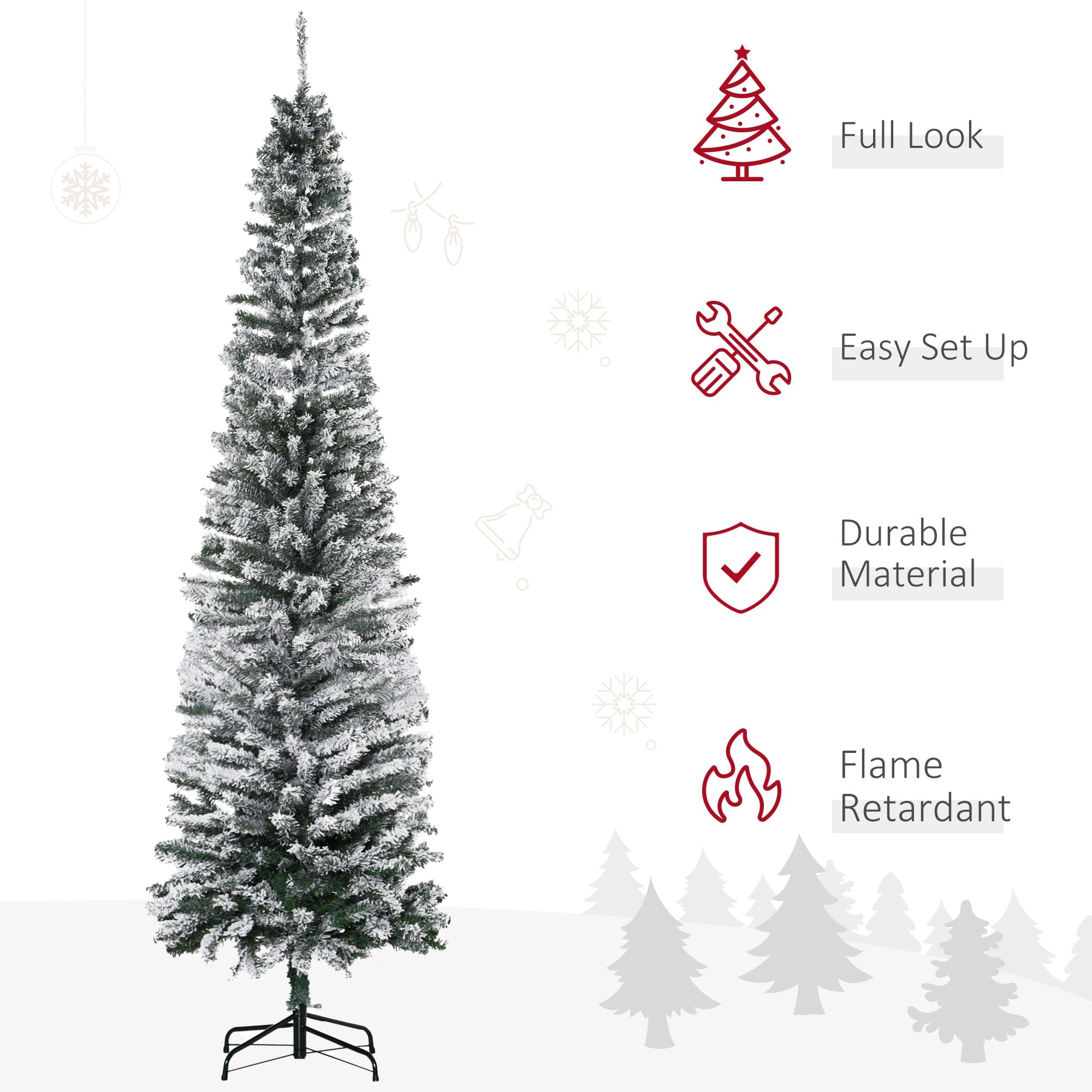 HOMCOM 7.5ft Snow Flocked Pencil Christmas Tree Artificial Slim Xmas Tree with Realistic Branch Tips Folding Metal Stand 