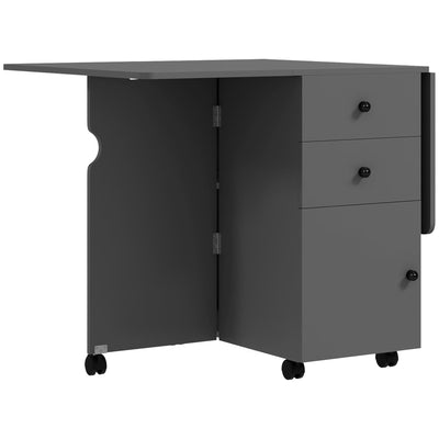 HOMCOM Extendable Drop Leaf Dining Table 2 Drawers Cabinet 6 Wheels Small Spaces Kitchen Grey 