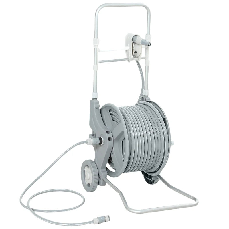 Hose Reel Cart with Wheels, 1/2" x 148ft Garden Hose Reel with 2 Patterns Nozzle, Faucet Adaptors, Rewind Handle, Grey