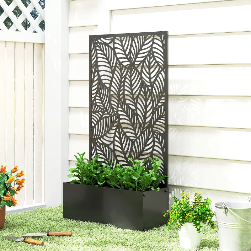 Metal Planter Box with Trellis, 44.5" Raised Garden Bed with Trellis Privacy Screen for Climbing Plants, Leaves Cut-Out