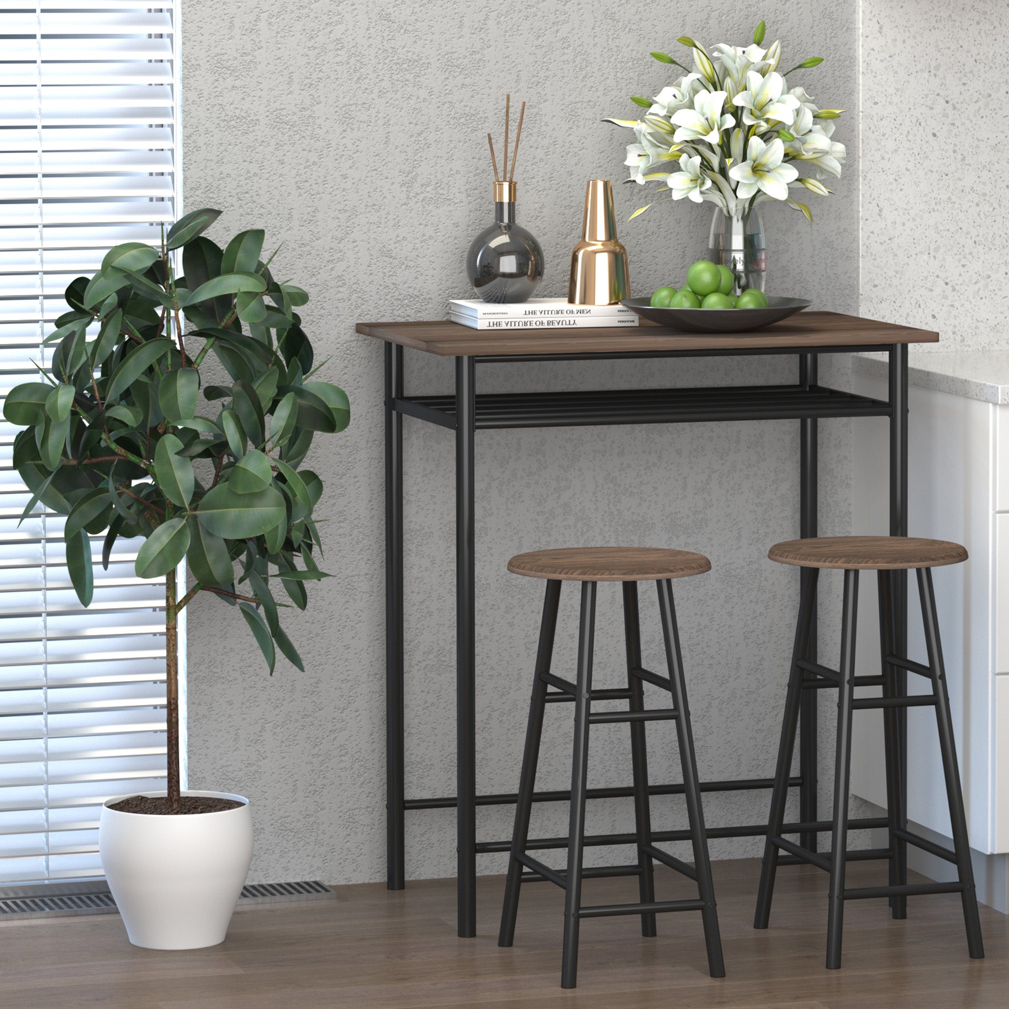 HOMCOM Bar Height Dining Set 3 Piece with Storage Shelf Metal Frame Footrest 1 Table 2 Stools for Kitchen Black 