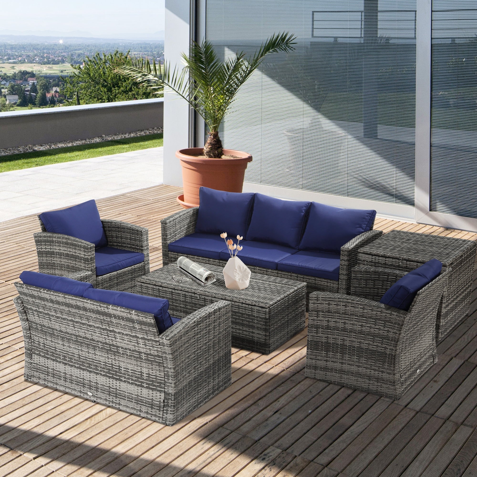Outsunny 6 Piece Patio Furniture Set, Rattan Wicker Patio Sofa Set Sectional Outdoor Conversation Sofa Set Storage Table & Cushions, Navy Blue 