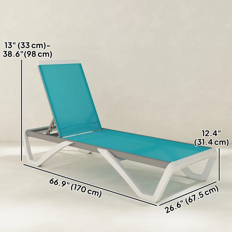 Outdoor Chaise Lounge Chair, Patio Aluminum Tanning Chair with 5-Level Adjustable Back, Portable Wheels, Turquoise
