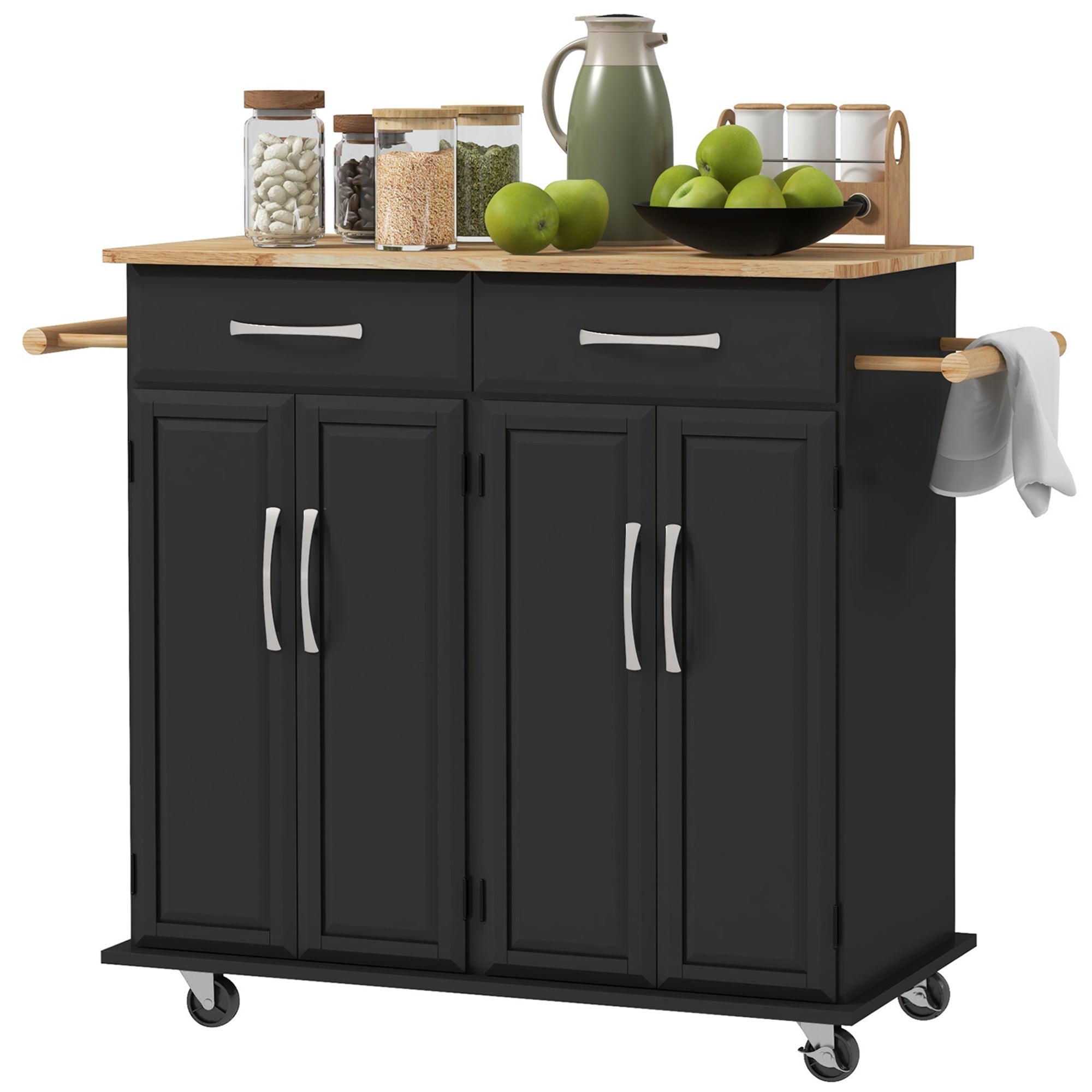 HOMCOM Kitchen Island on Wheels Rubberwood Top Rolling Cart 2 Drawers 4 Doors Adjustable Shelves Mobile Storage Furniture 