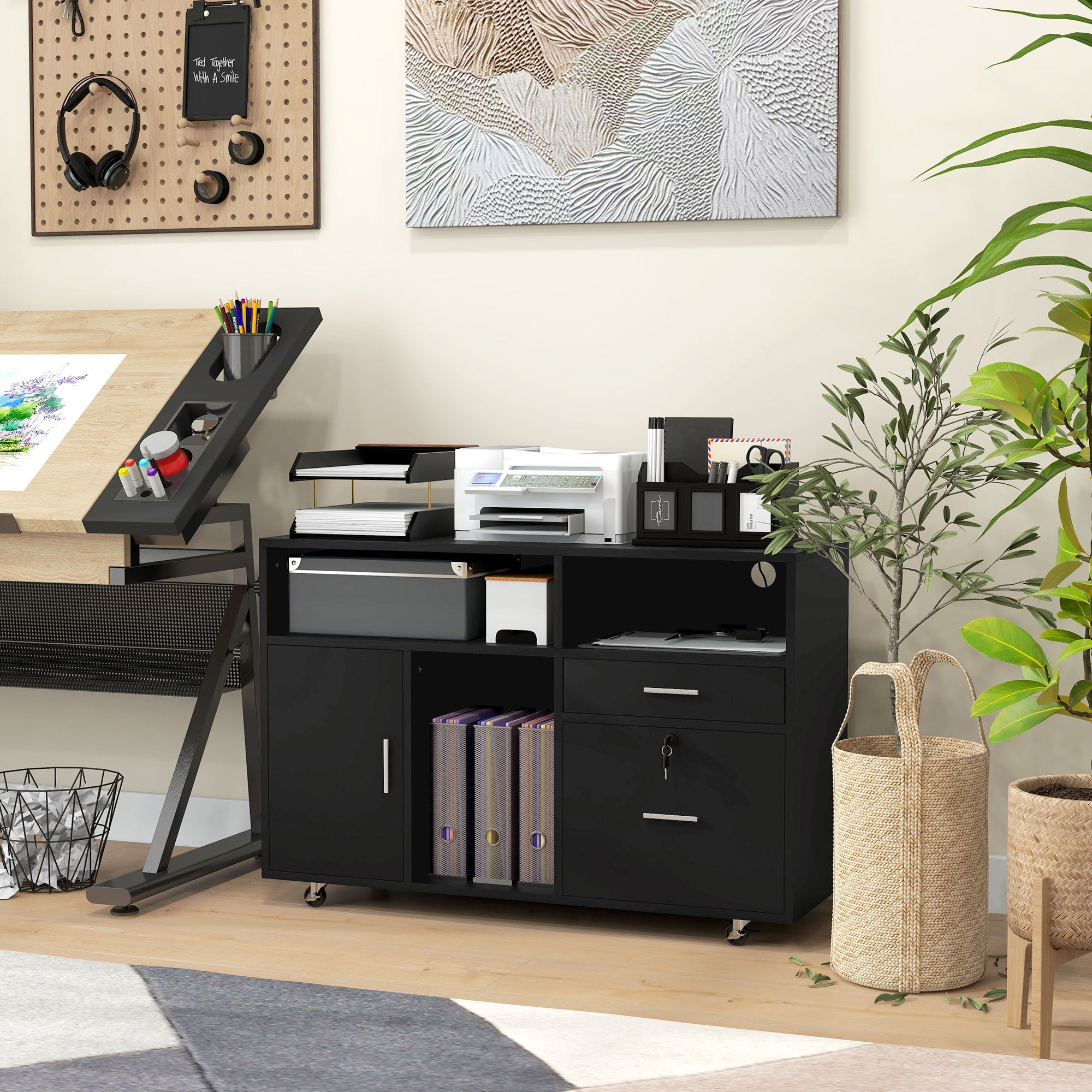 HOMCOM Mobile Printer Stand Charging Station USB Ports Locking Filing Cabinet for A4 Letter Black 