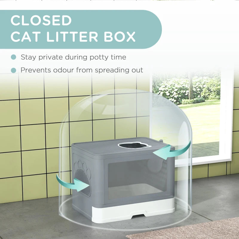Cat Litter Box, Front Enter & Top Exit Cat Litter Tray with Scoop, Pull-out Tray, Easy to Clean, Grey