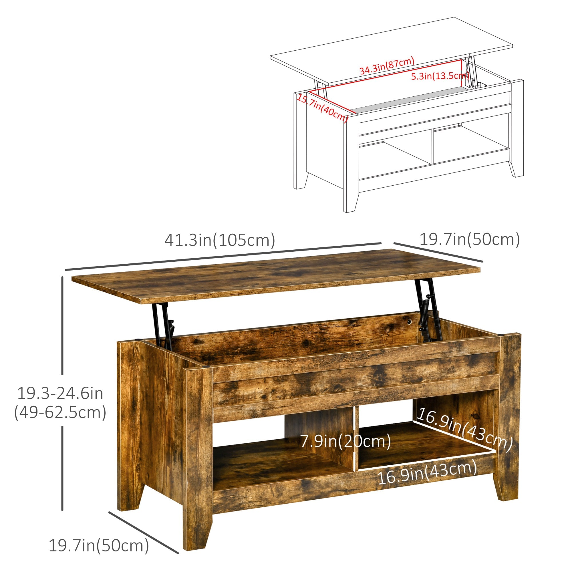 HOMCOM Lift-Top Coffee Table: Hidden Storage Shelves & Adjustable Pop-Up Tabletop, Living Room Furniture, Brown 