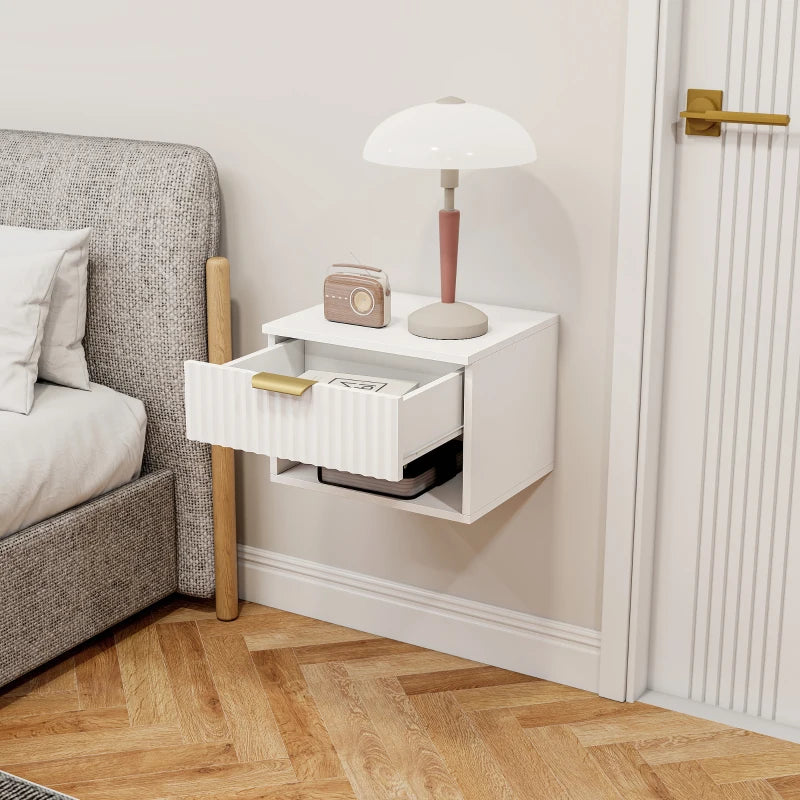 Floating Nightstands, Wall Mounted Bedside Tables Set of 2 with Drawer and Open Shelf, White