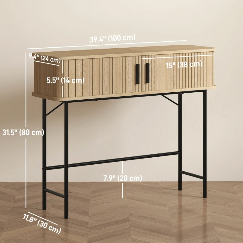Mid-Century Narrow Console Table with Slatted Tambour Sliding Doors, Entryway Table with Steel Legs, Oak and Black