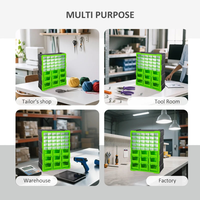 Plastic 39 Drawer Parts Organiser Wall Mount Storage Cabinet for Small Nuts Bolts Tool Green