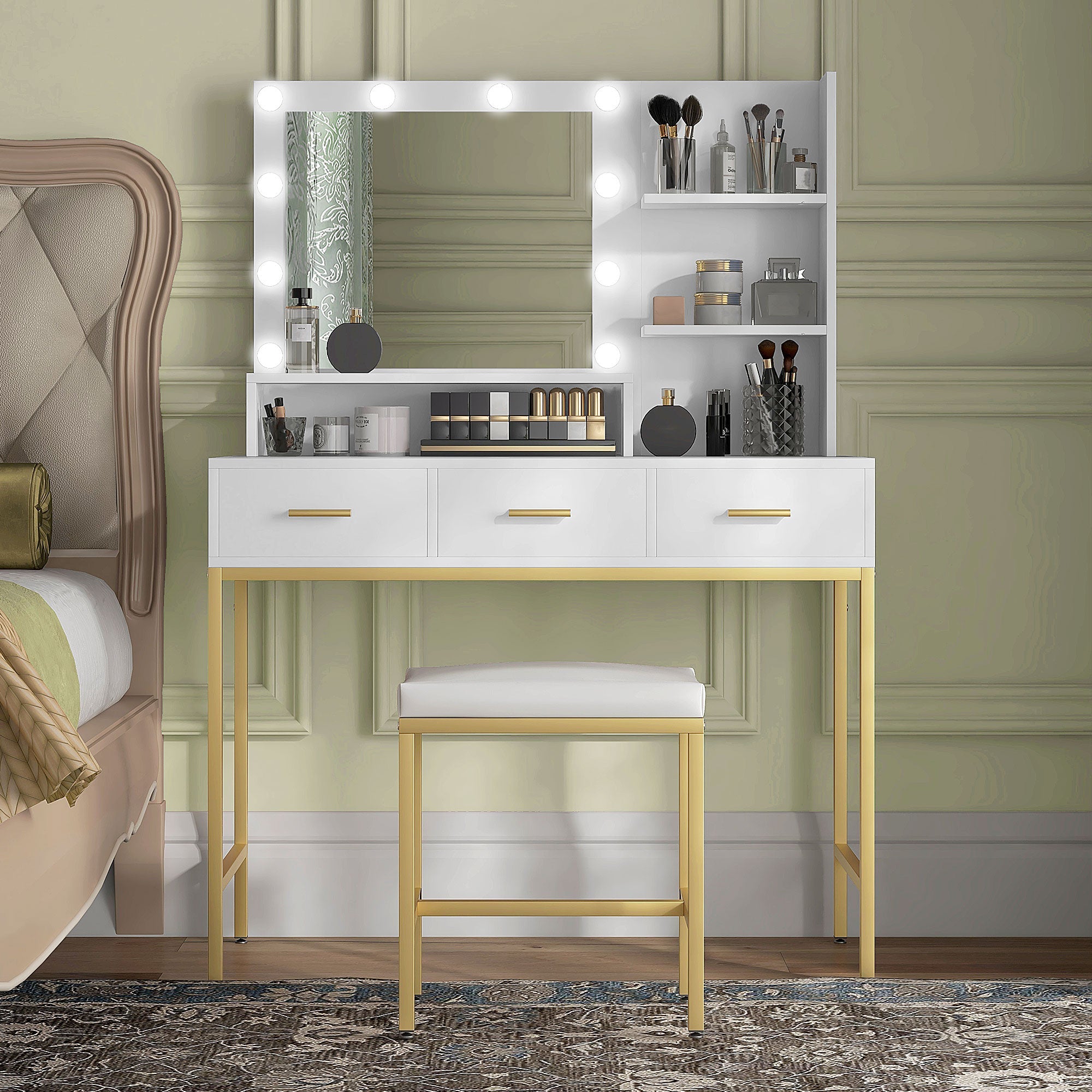 HOMCOM Illuminated Dressing Table, LED Vanity Table with Mirror, 3 Drawers and Storage Shelves for Bedroom, White 