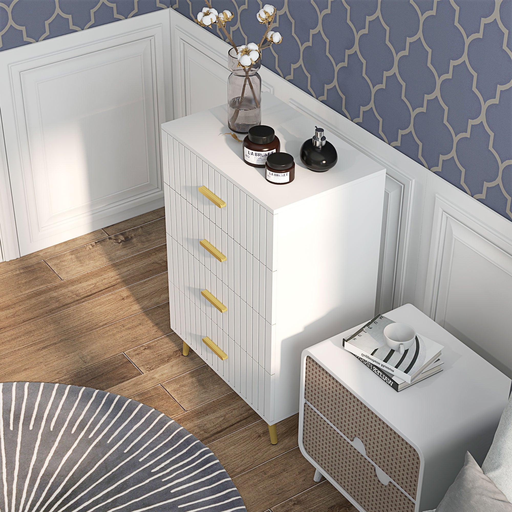 HOMCOM 4 Drawer Cabinet, Drawer Chest for Bedroom, Chest of Drawers with Aluminium Legs and Gold Handles, White 
