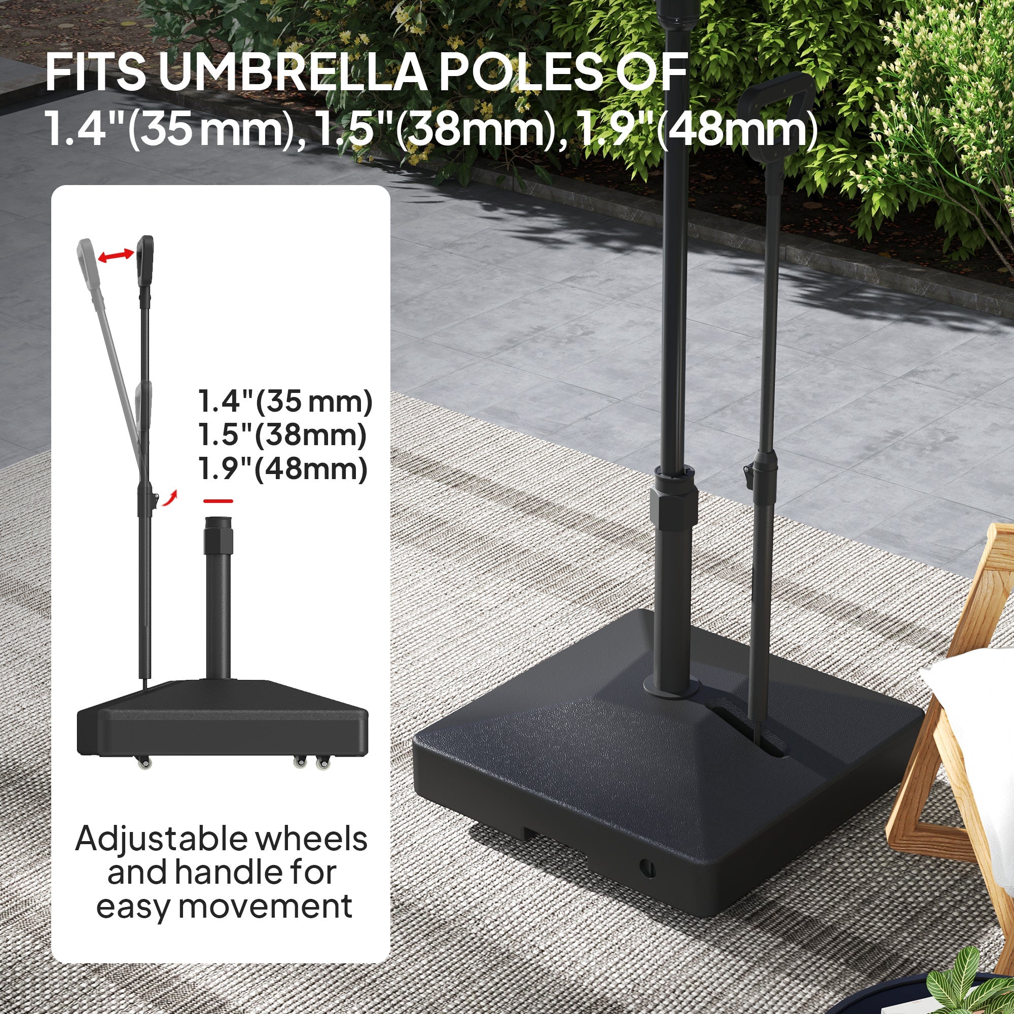 Outsunny Patio Umbrella Base with Adjustable Wheels and Handle, Outdoor Patio Umbrella Stand, Filled Up to 121lbs with Stand, 99lbs with Water for Garden Poolside, Black 