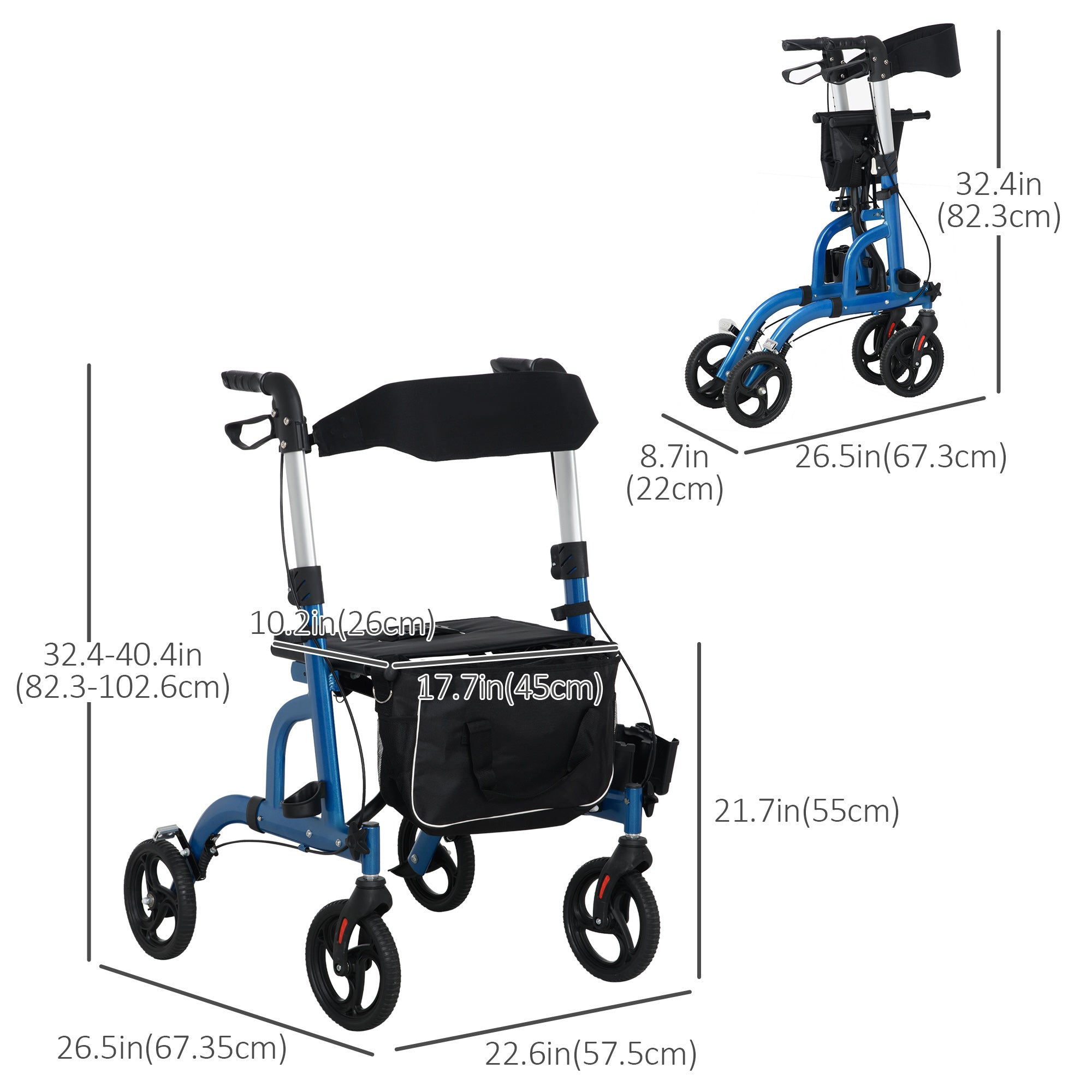 HOMCOM Rollator Walker with 8'' Wheels, Padded Seat and Backrest, Aluminium Lightweight Folding Rolling Walker, Blue 