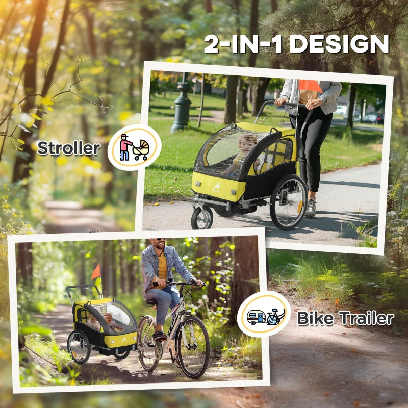 Aosom 2-in-1 Bike Trailer for Kids, Foldable 2-Seat Baby Stroller with 5-Point Harness, Rubber Wheels, Storage Bag, Yellow