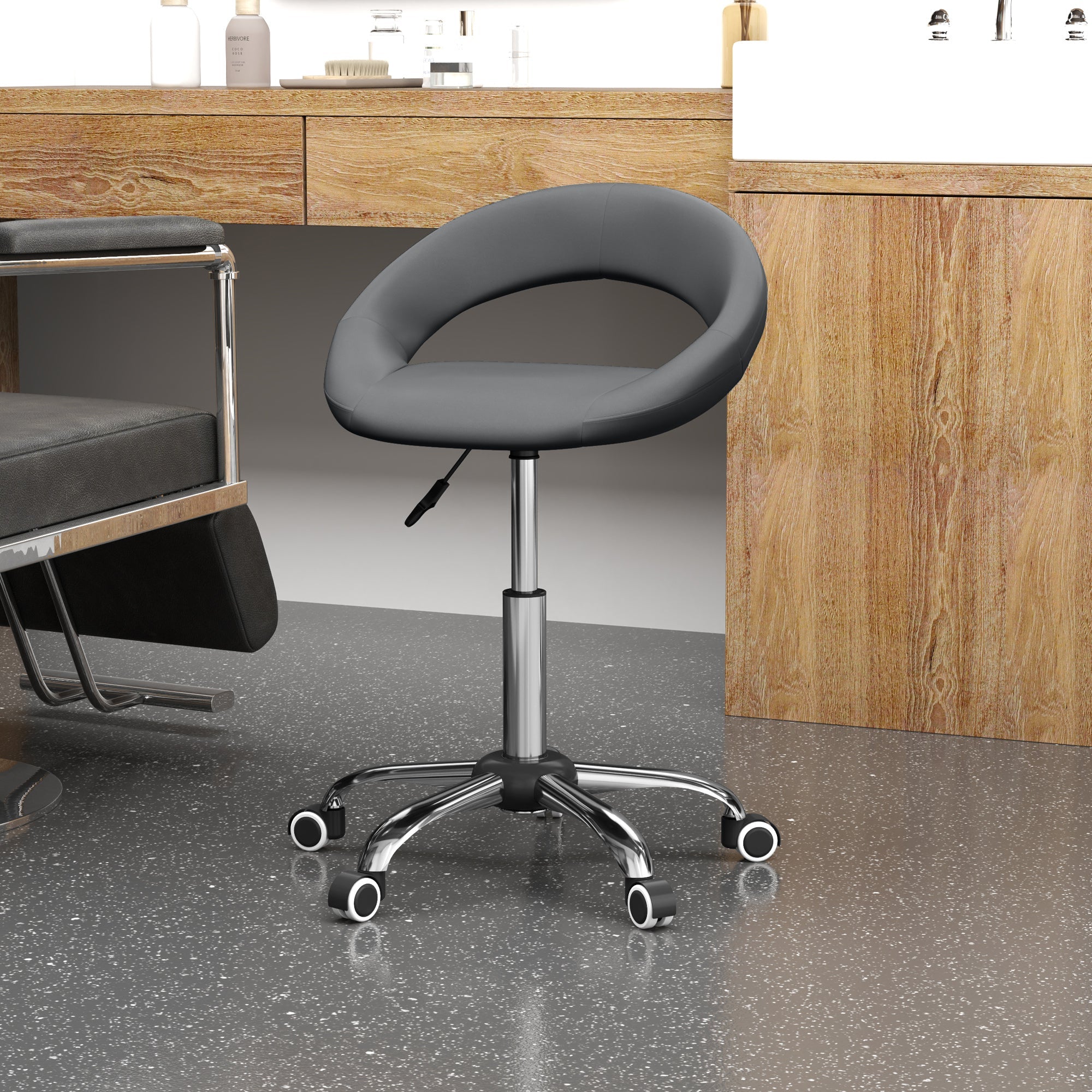 HOMCOM Modern Hydraulic Moon Salon Stool Rolling Swivel Chair Massage Spa Tattoo Pub Bar Stool, Grey 