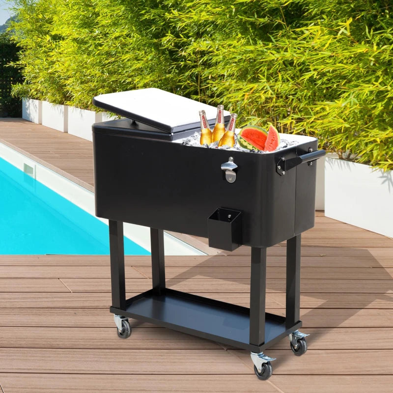 80 Quart Rolling Cooler Cart Portable Patio Ice Beer Beverage Cooling Bin for Outdoor Party w/ Bottle Opener & Storage Shelf Black