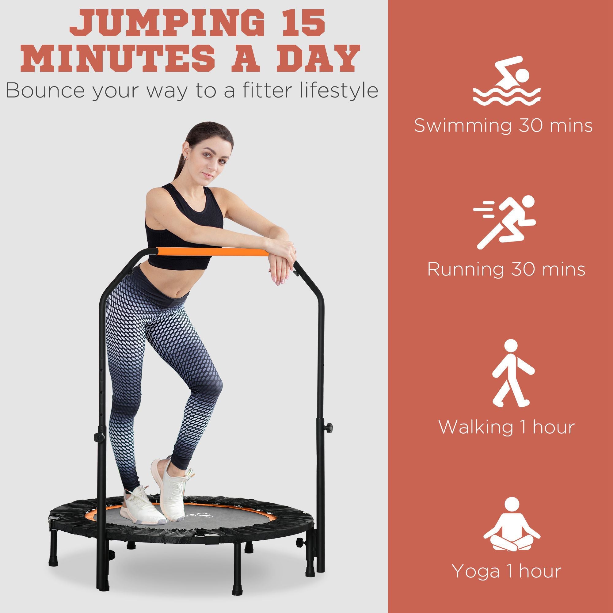 Soozier 40" Foldable Mini Fitness Trampoline, with Adjustable Foam Handle, Orange 