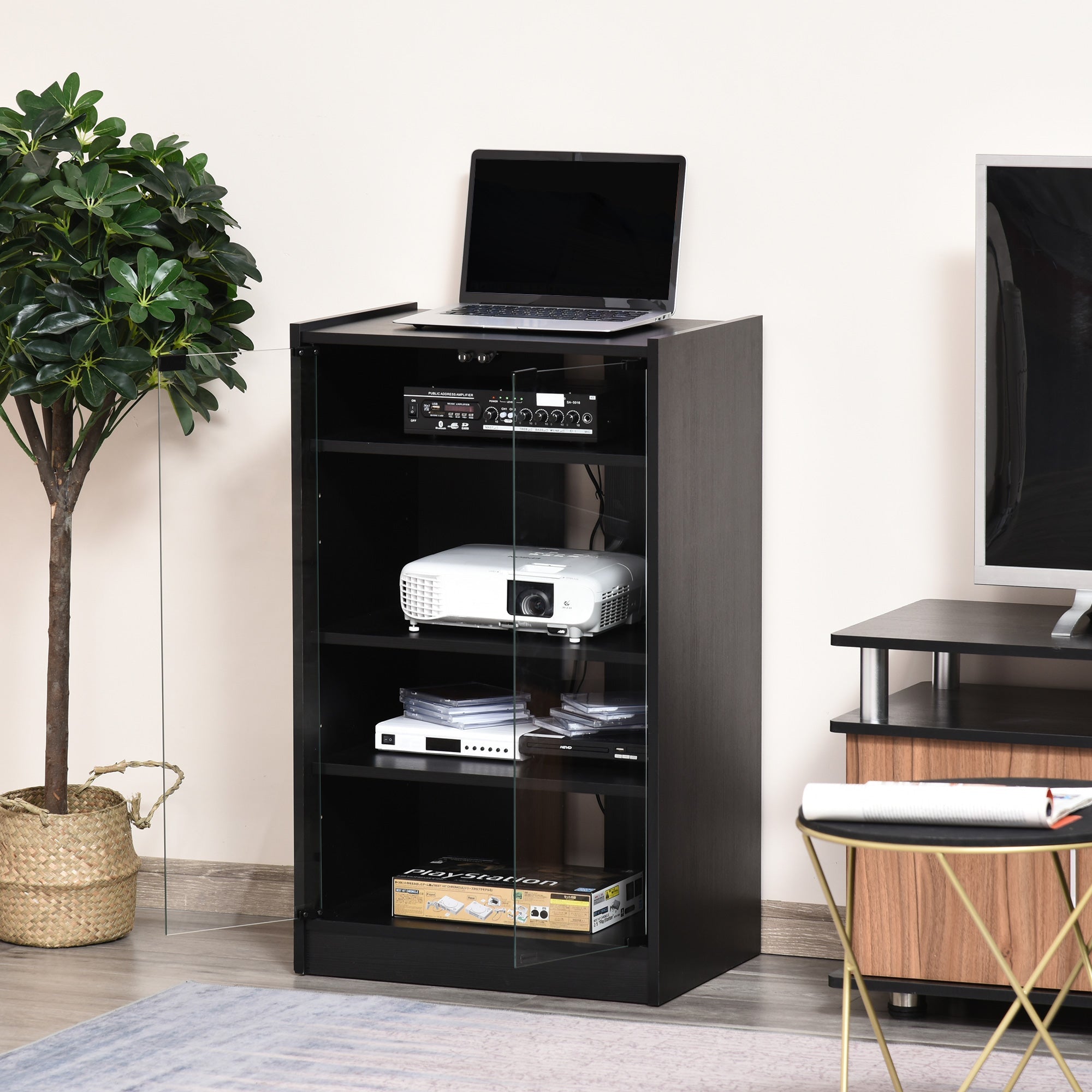 HOMCOM Media Maven: 5-Tier DVD Storage Cabinet with Adjustable Shelves, Tempered Glass Doors, Cable Management, Black Elegance 