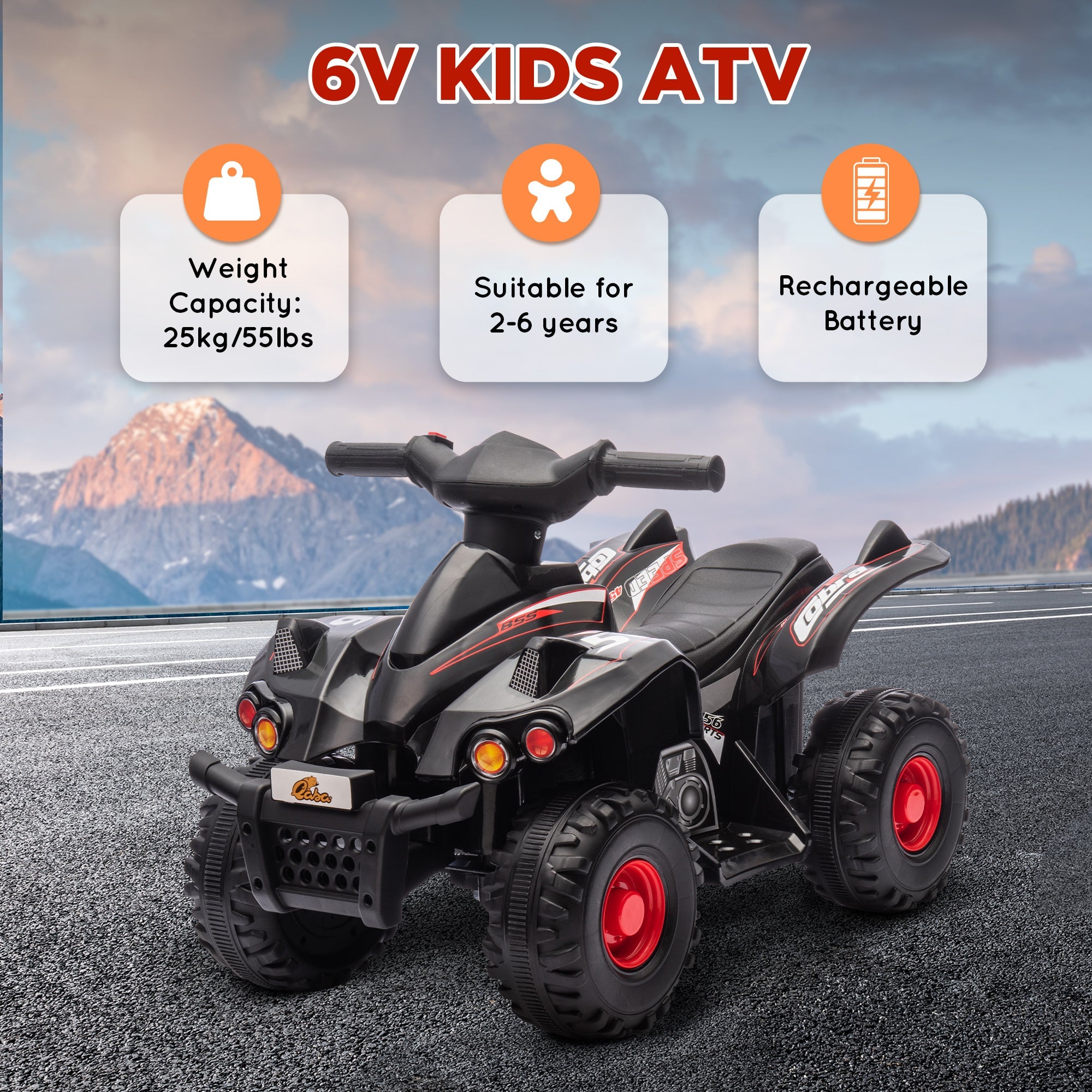 Qaba 6V Kids ATV Quad w/ Music, Forward, for 2-6 Years, Black 