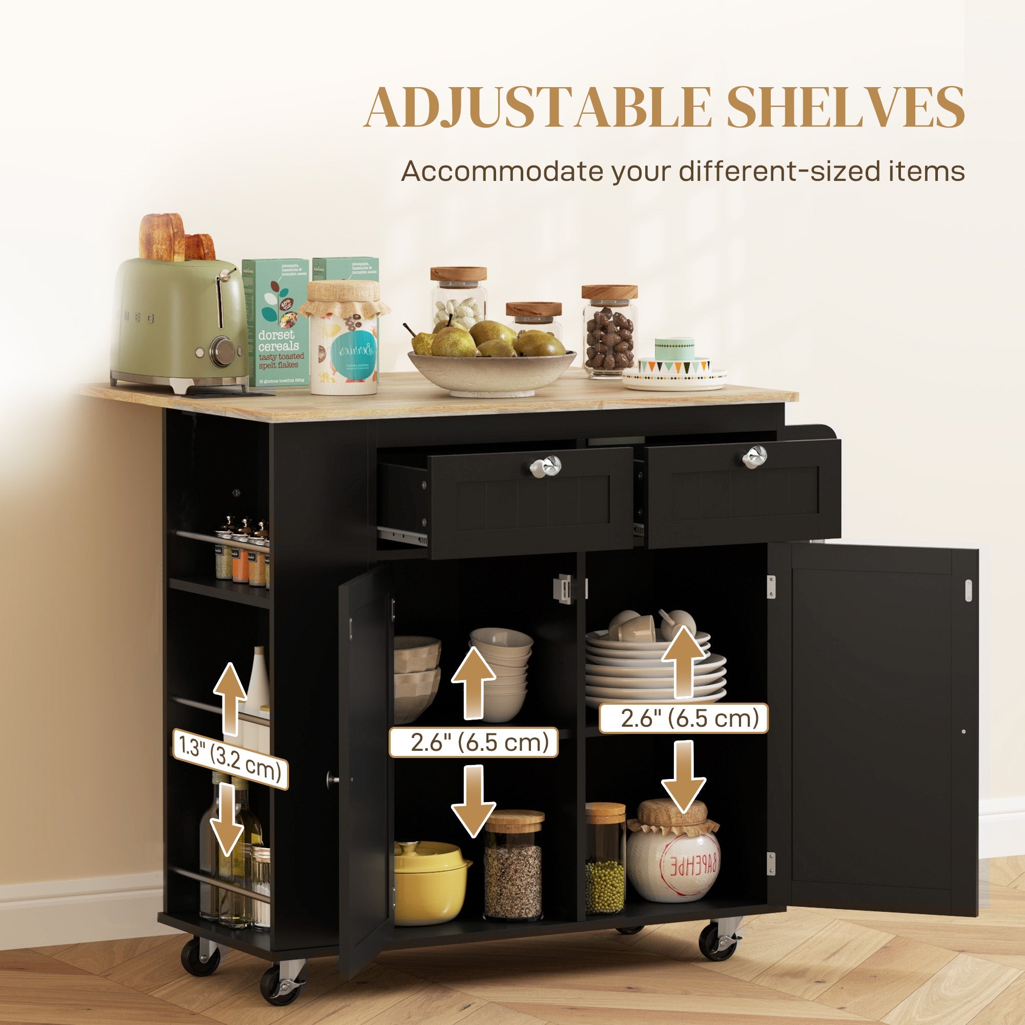 HOMCOM Kitchen Island with Power Outlet and Drop Leaf, Rolling Kitchen Cart with 2 Drawers and Adjustable Shelves, Black 