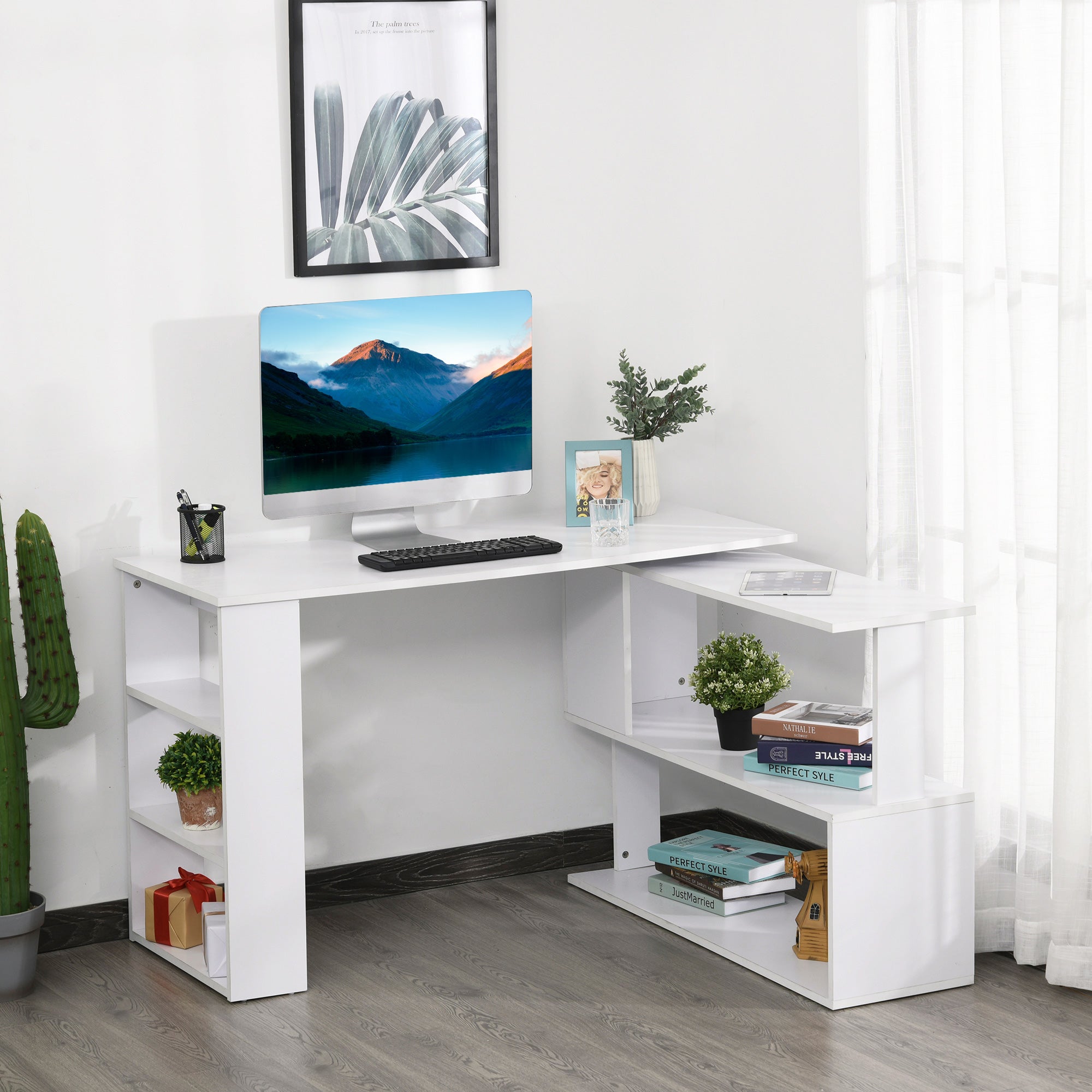HOMCOM White L-Shaped Desk - 360° Rotating Corner Computer Writing Table with Storage Shelf for Home Office 