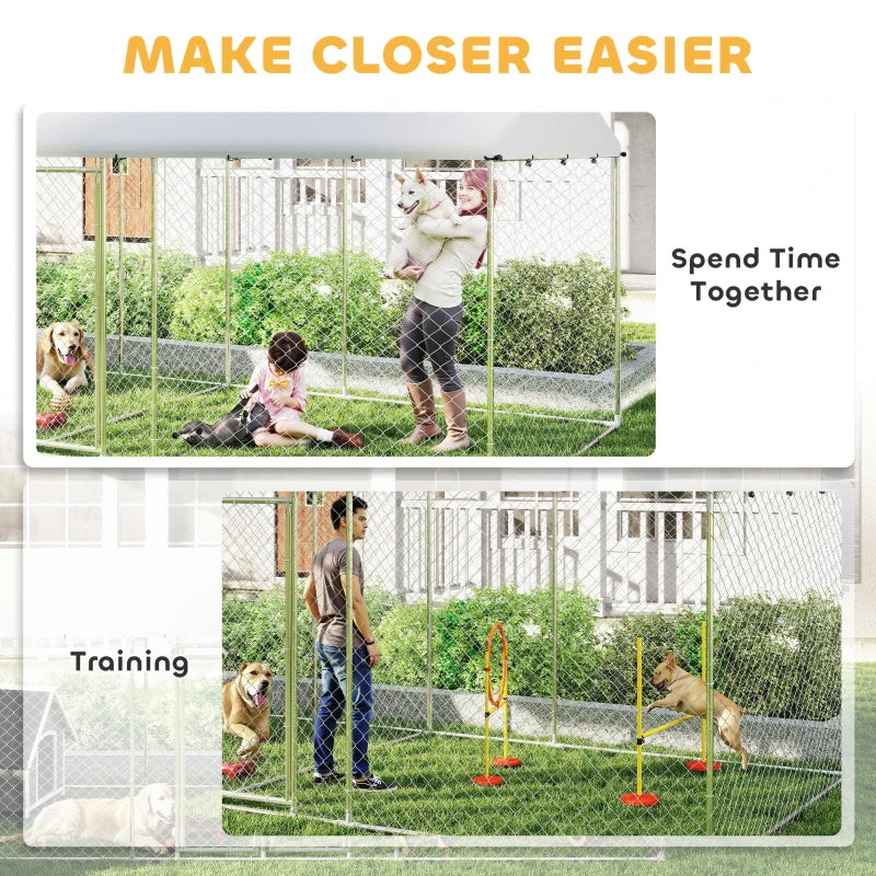 Outdoor Dog Kennel with Two Rooms, Waterproof UV-Resistant Cover, Escape-Proof Lock, 19.7' x 7.5' x 7.5'