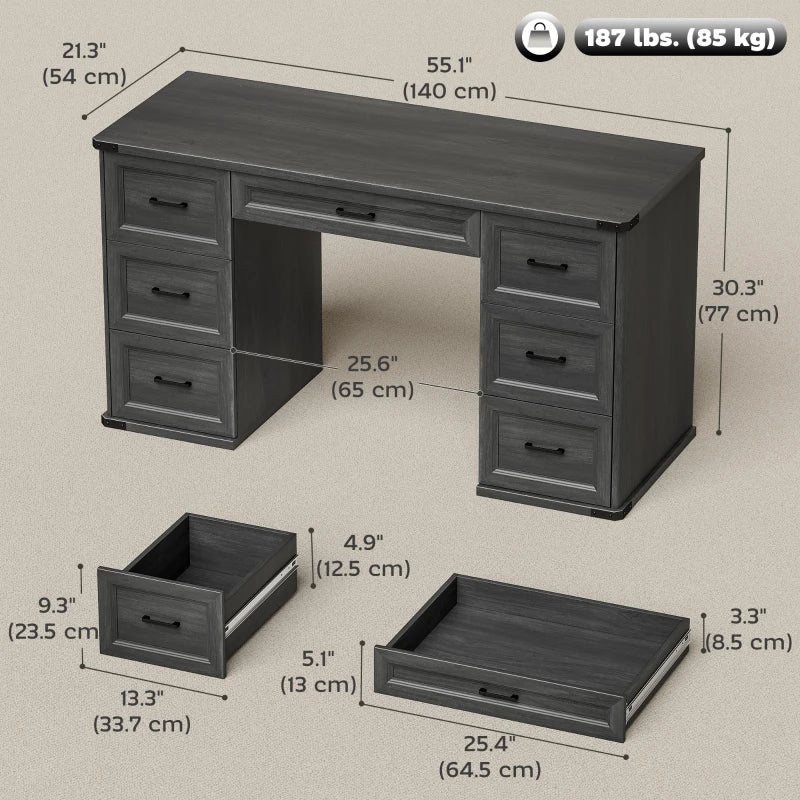 55" Computer Desk with 7 Drawers, Farmhouse Executive Desk for Home Office, Study, Bedroom, Black Wood Grain