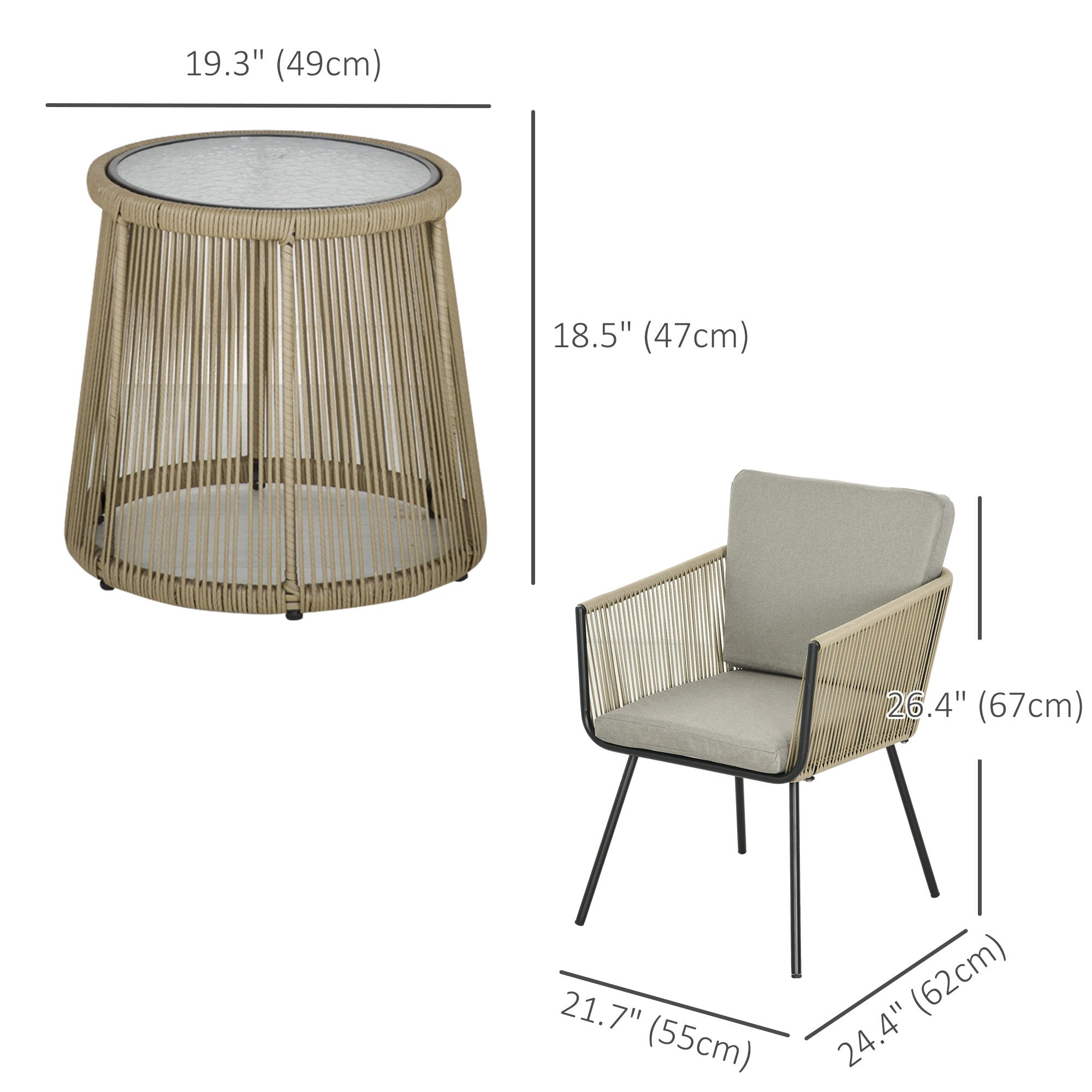 Outsunny Outdoor Patio Bistro Set 3 Piece Light Grey Wicker Rattan Furniture Metal Legs Garden Backyard Deck 