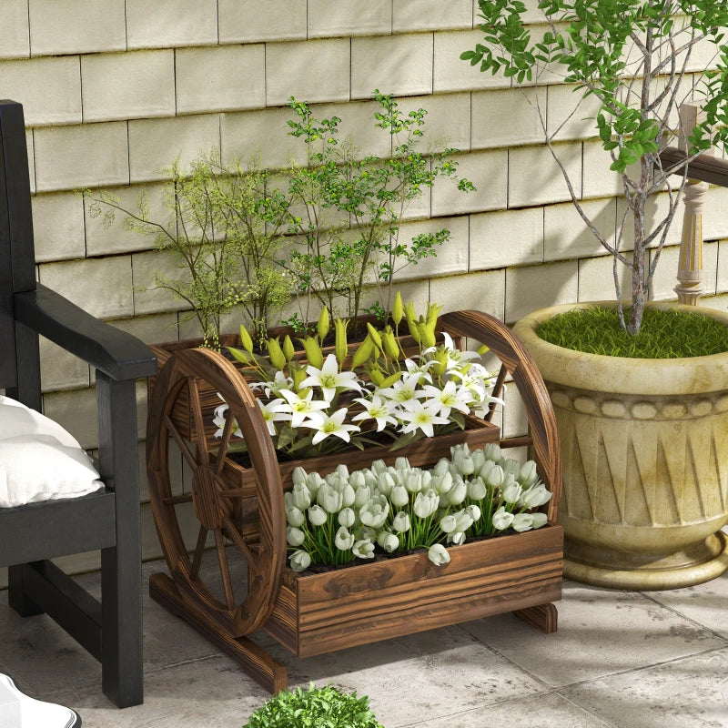 Wooden Wagon Planter Box, 3-Tier Raised Garden Bed, for Vegetables Flowers Herbs, 24" x 24" x 22", Carbonized
