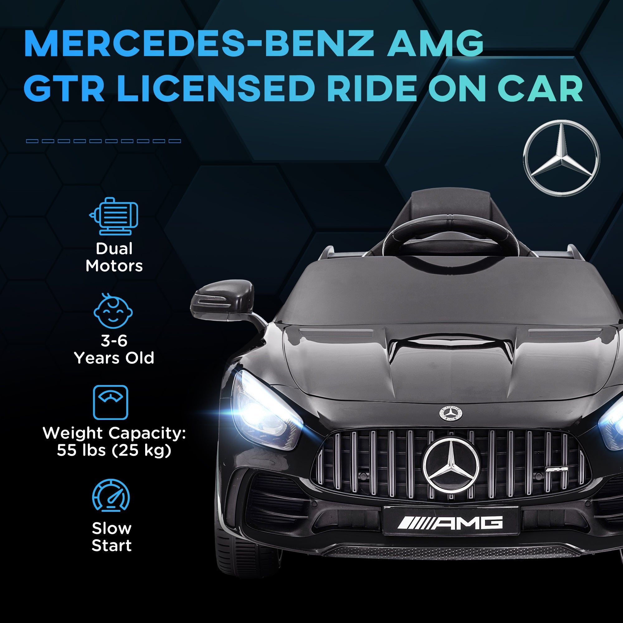 Qaba Mercedes-Benz AMG GTR Licensed 12V Battery Powered Kids Electric Car w/ Remote, Soft Start, Lights, Music Horn Black 